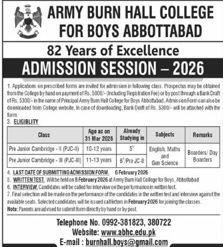 Admission notice for Army Burn Hall College for Boys Abbottabad Cantt